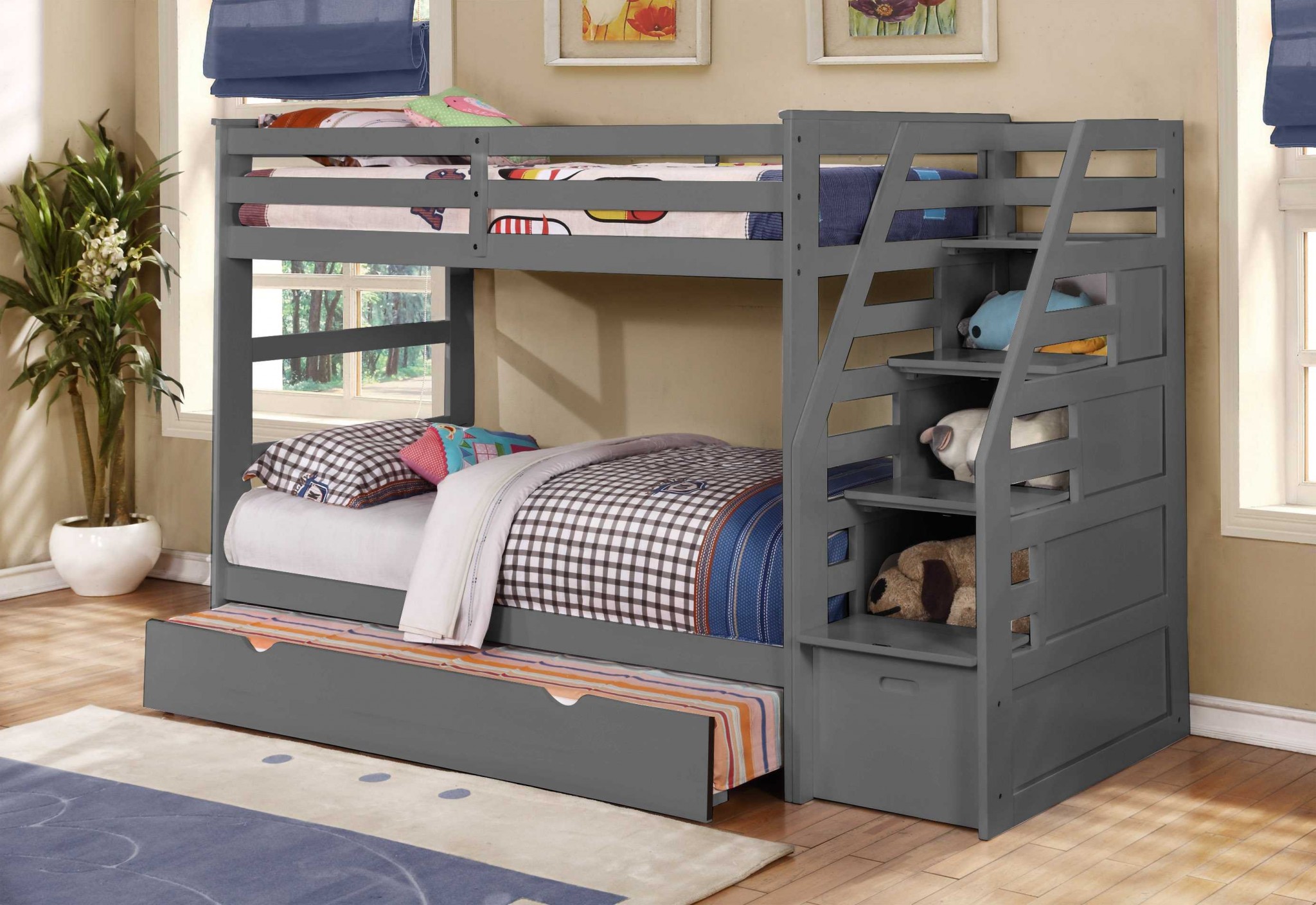 77.75" X 43.5" X 62.5" Grey Manufactured Wood and Solid Wood Twin or Twin Staircase Bunk Bed with Trundle & Storage Steps