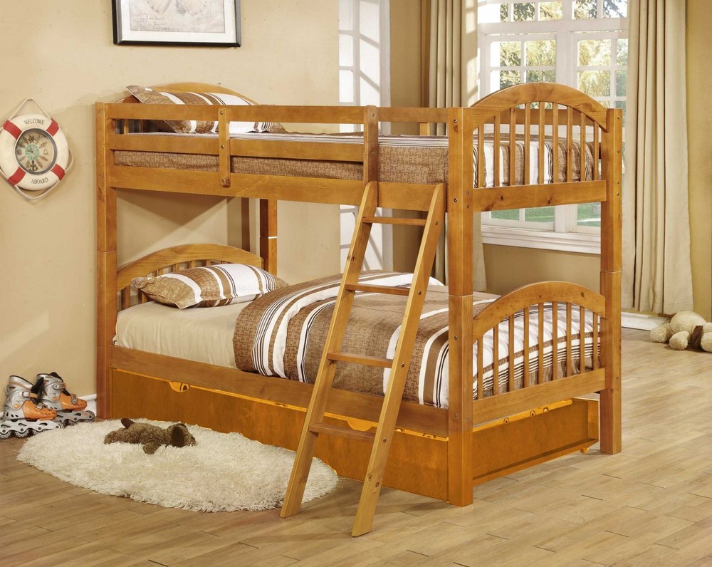 81.25" X 42.5" X 62.5" Oak Solid and Manufactured Wood Twin or Twin Arched Wood Bunk Bed with Trundle