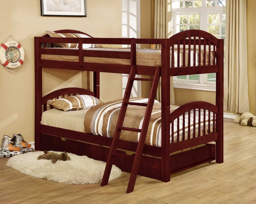 81.25" X 42.5" X 62.5" Cherry Solid and Manufactured Wood Twin or Twin Arched Wood Bunk Bed with Trundle