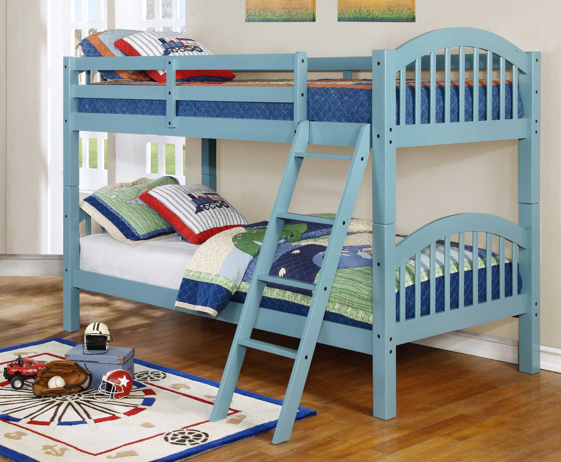 81.25" X 42.5" X 62.5" Blue Solid and Manufactured Wood Twin or Twin Arched Wood Bunk Bed