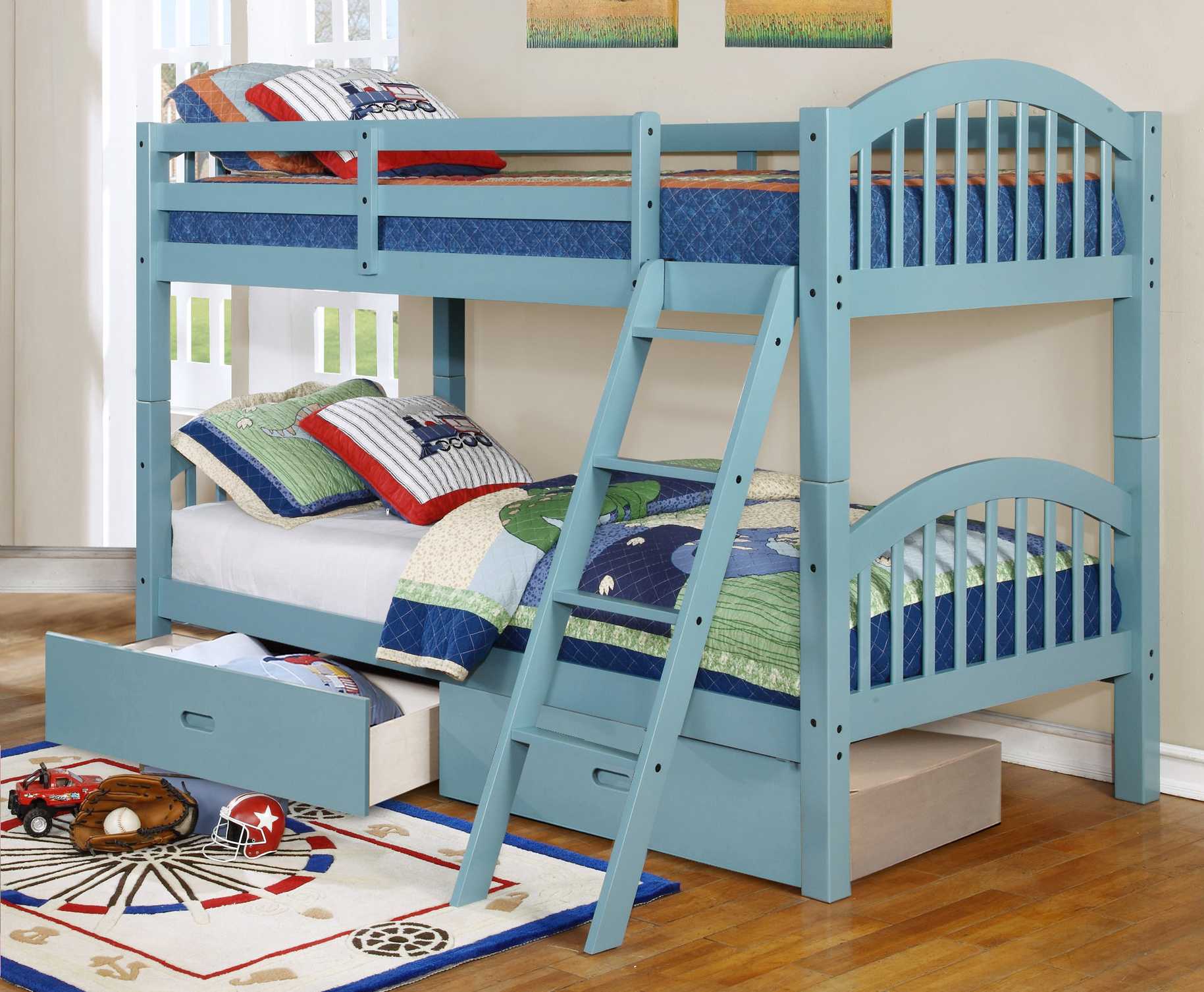 81.25" X 42.5" X 62.5" Blue Solid and Manufactured Wood Twin or Twin Arched Wood Bunk Bed with 2 Drawers