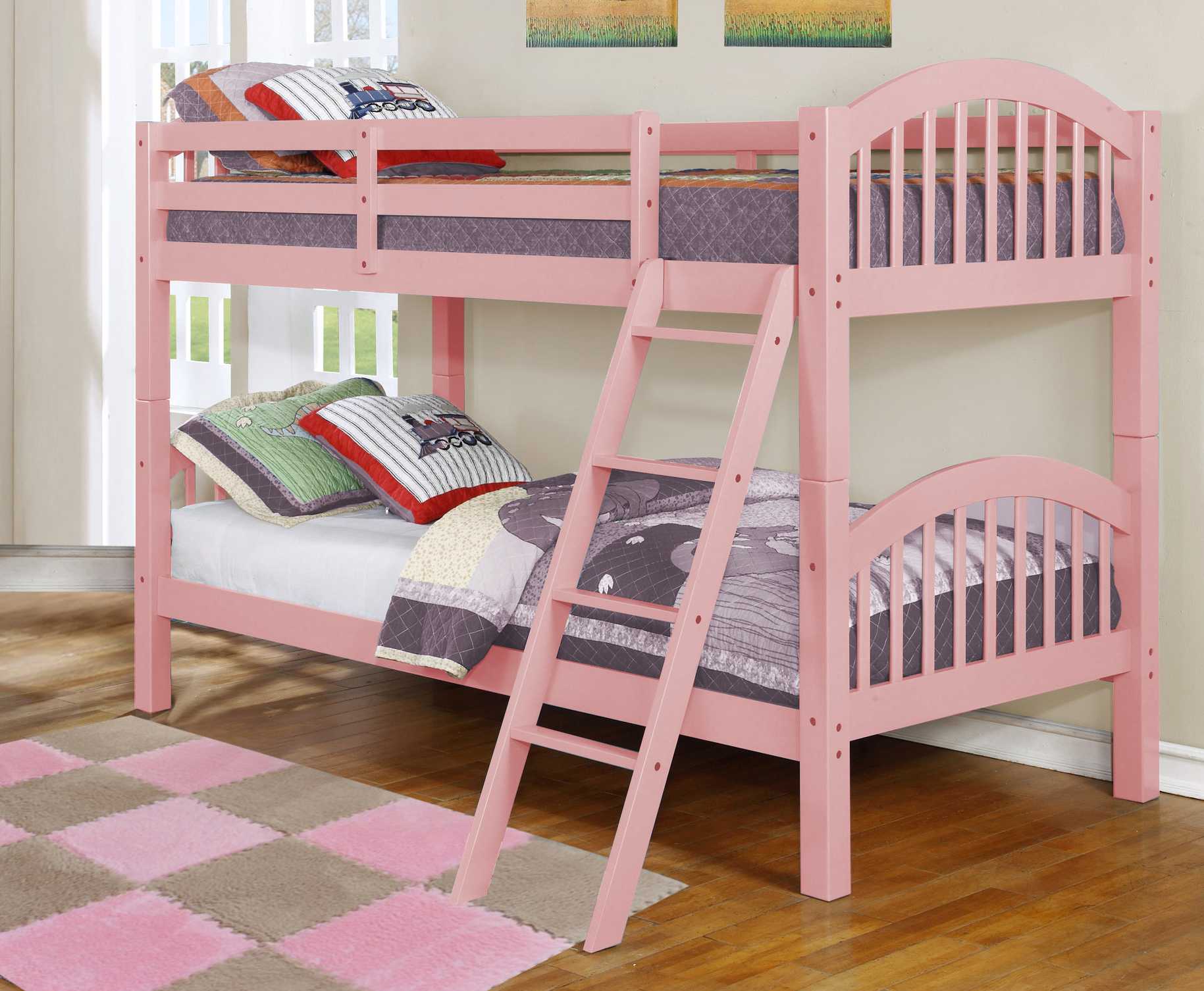 81.25" X 42.5" X 62.5" Pink Solid and Manufactured Wood Twin or Twin Arched Wood Bunk Bed