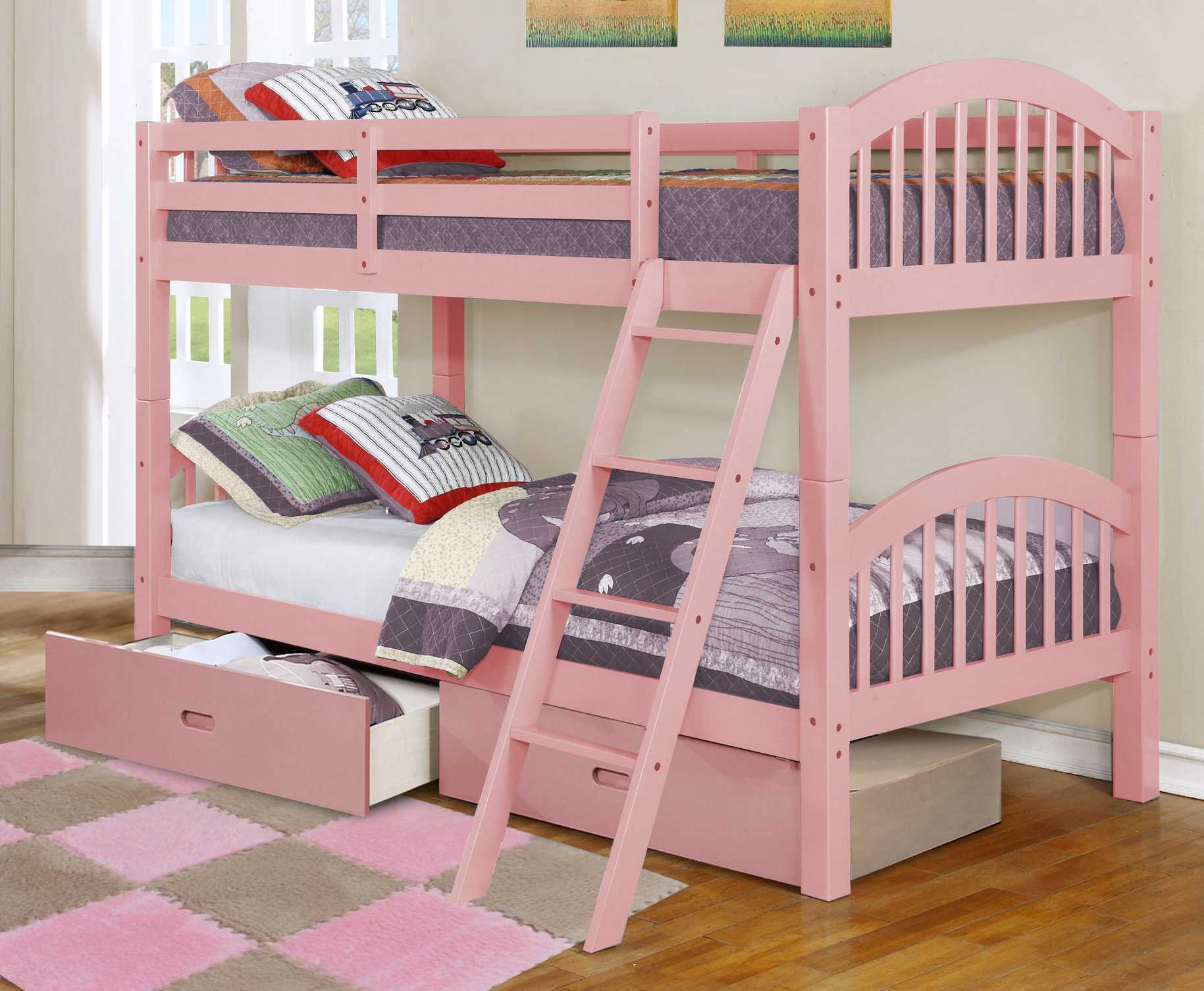 81.25" X 42.5" X 62.5" Pink Solid and Manufactured Wood Twin or Twin Arched Wood Bunk Bed with 2 Drawers