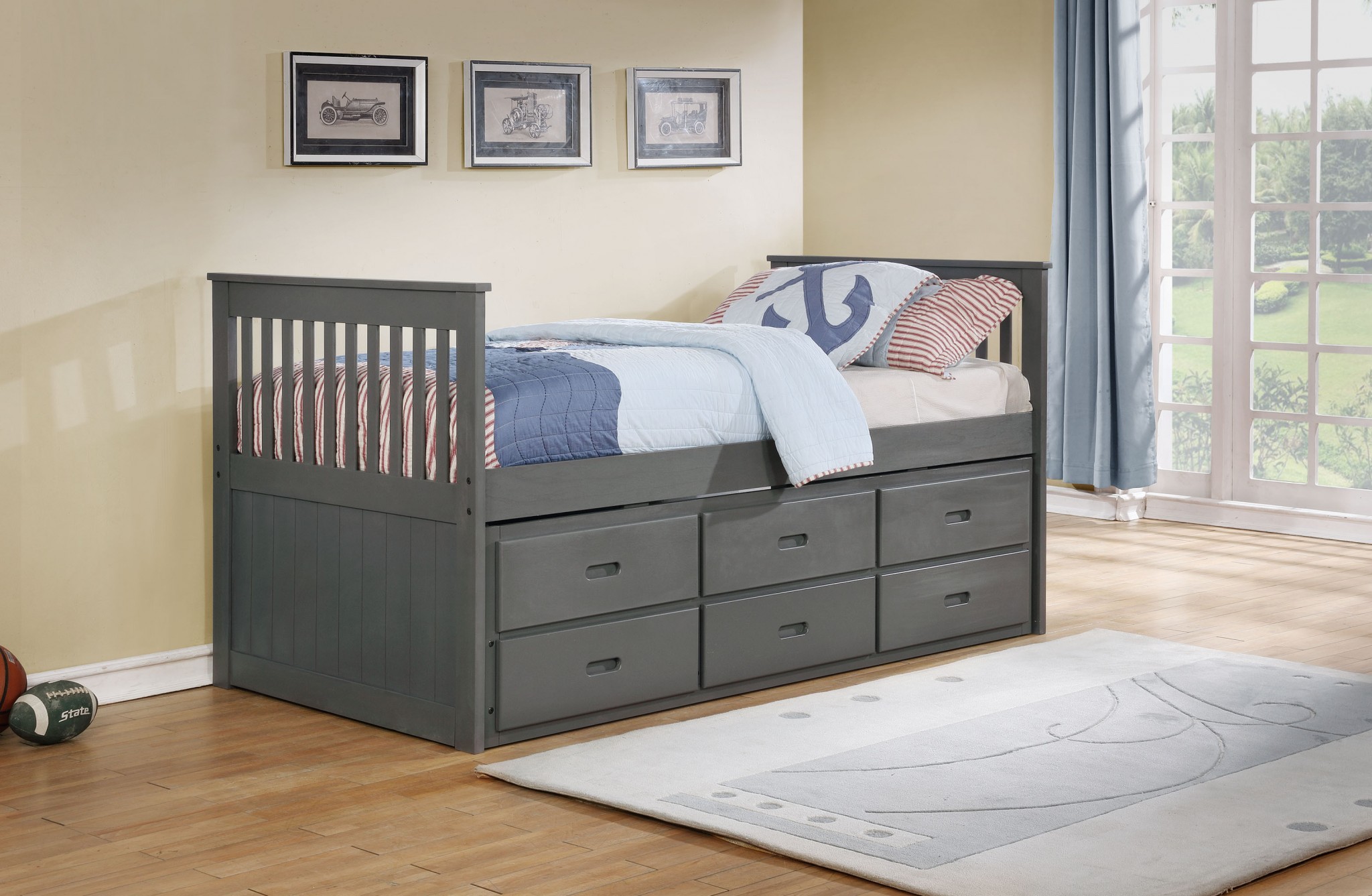 80" X 42" X 37" Grey Solid and Manufactured Wood Twin Captain Bed with Twin Trundle & 3 Drawers