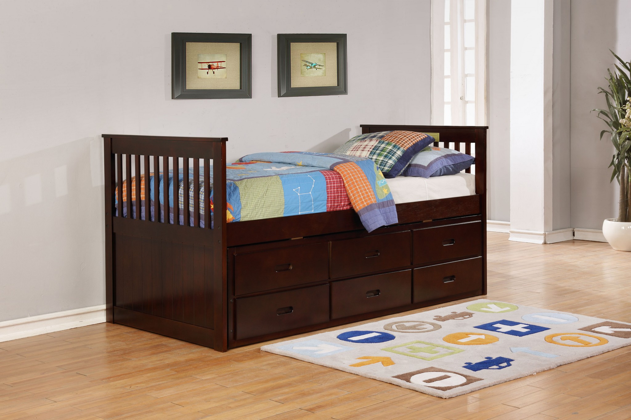 80" X 42" X 37" Brown Solid and Manufactured Wood Twin Captain Bed with Twin Trundle & 3 Drawers