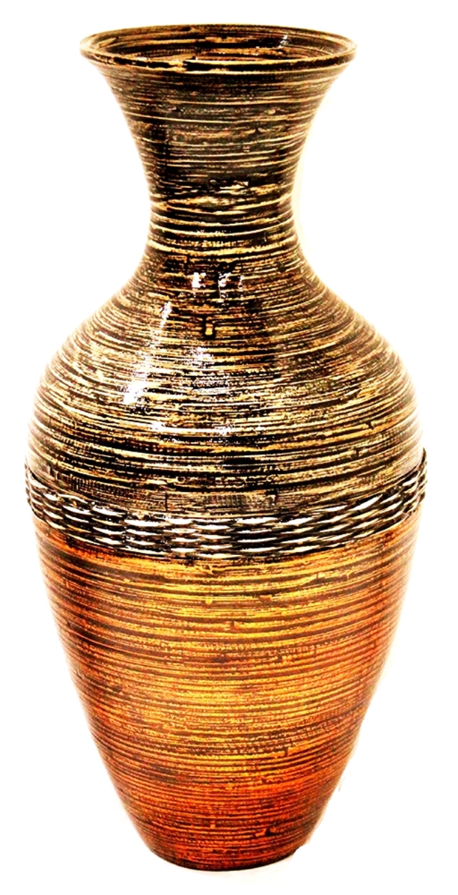 12" X 12" X 25" Brown And Gold Bamboo Spun Bamboo Floor Vase