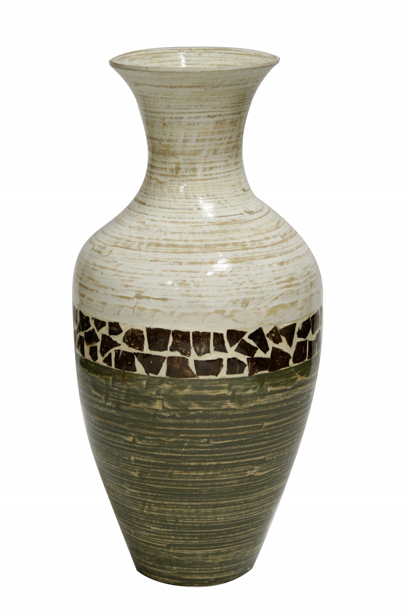12" X 12" X 25" White And Green W/ Coconut Shell Bamboo Spun Bamboo Floor Vase