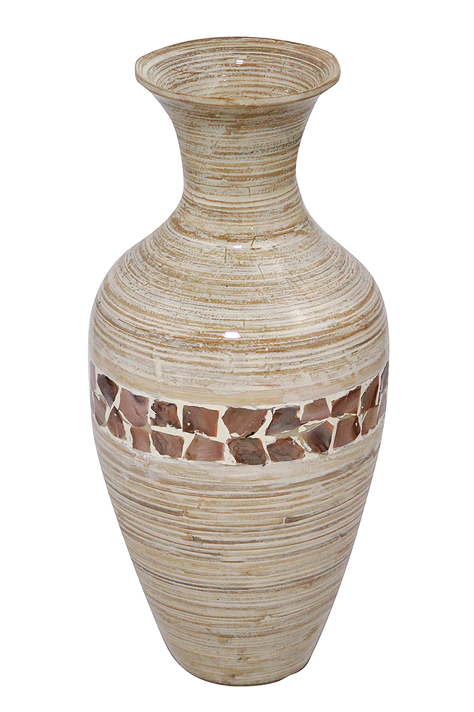 12" X 12" X 25" Distressed White W/ Coconut Shell Bamboo Spun Bamboo Floor Vase