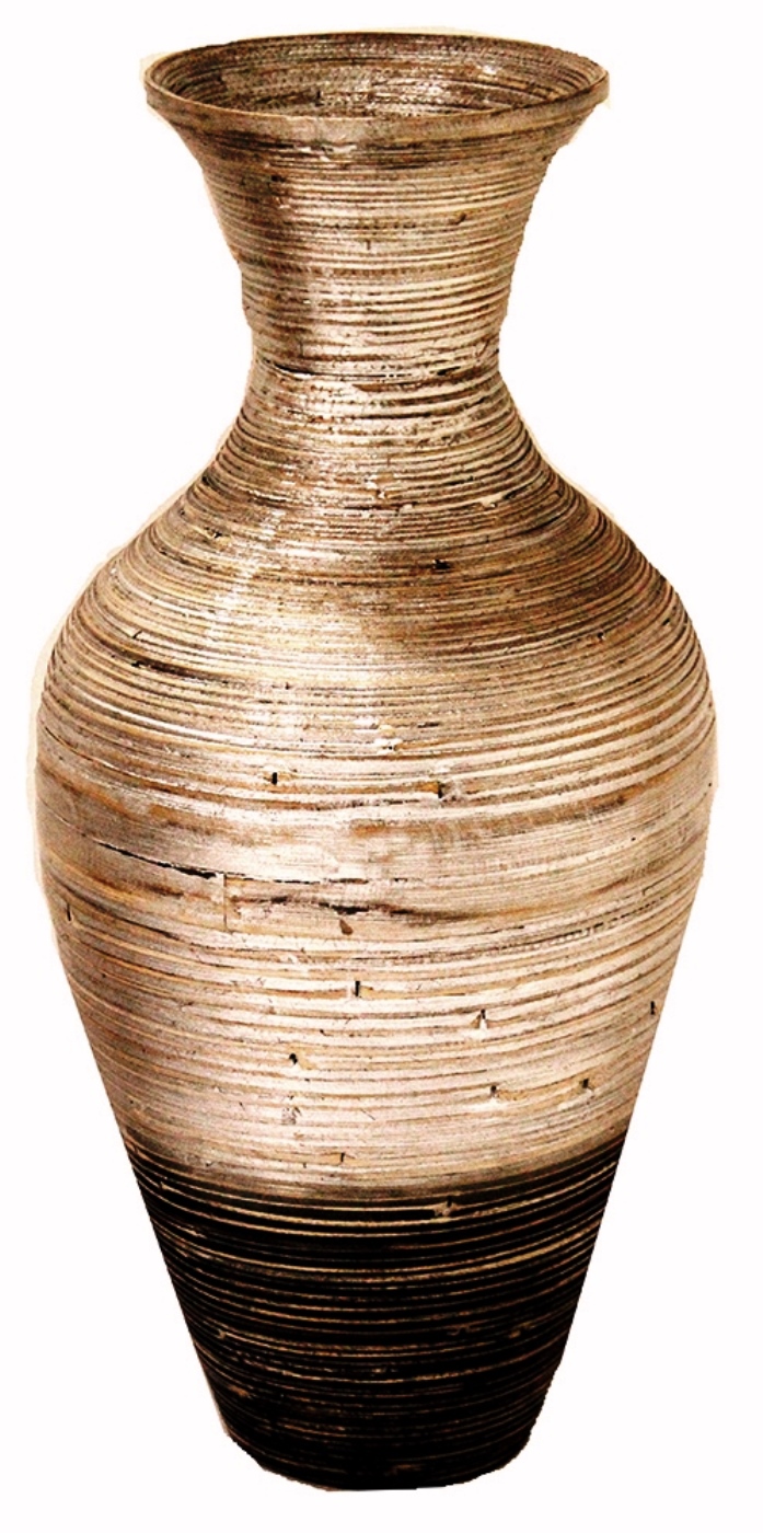 12" X 12" X 25" Silver And Black Bamboo Spun Bamboo Floor Vase