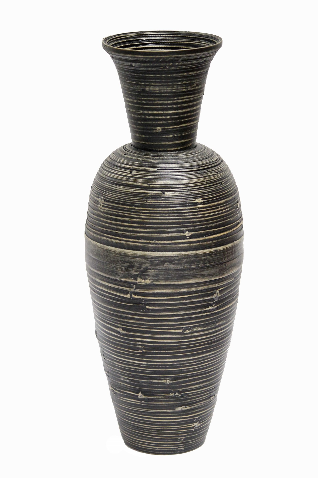 10.25" X 10.25" X 27" Distressed Black Bamboo Spun Bamboo Vase