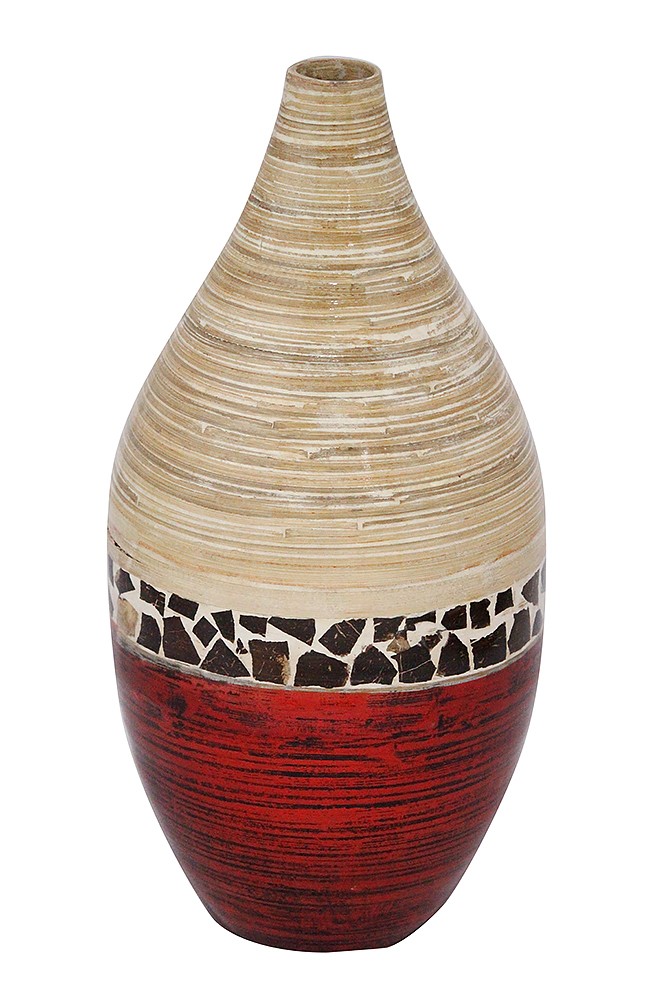10" X 10" X 20" Natural Bamboo And Metallic Red W/ Coconut Shell Bamboo Spun Bamboo Vase