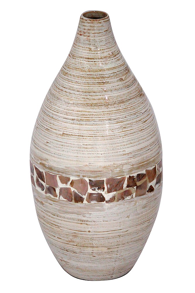 10" X 10" X 20" Distressed White W/ Coconut Shell Bamboo Spun Bamboo Vase
