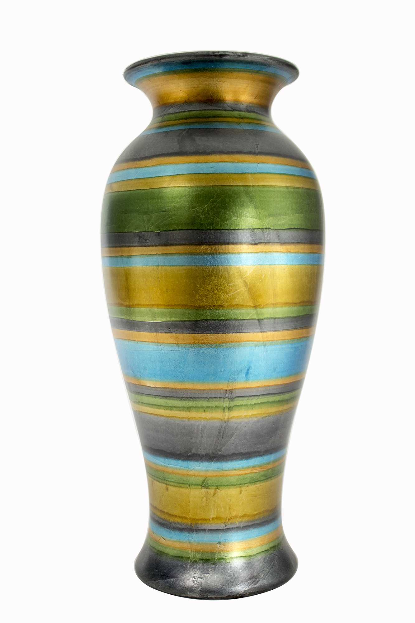 13" X 13" X 26" Blue, Green, Gold, Copper And Pewter Ceramic Ceramic Vase