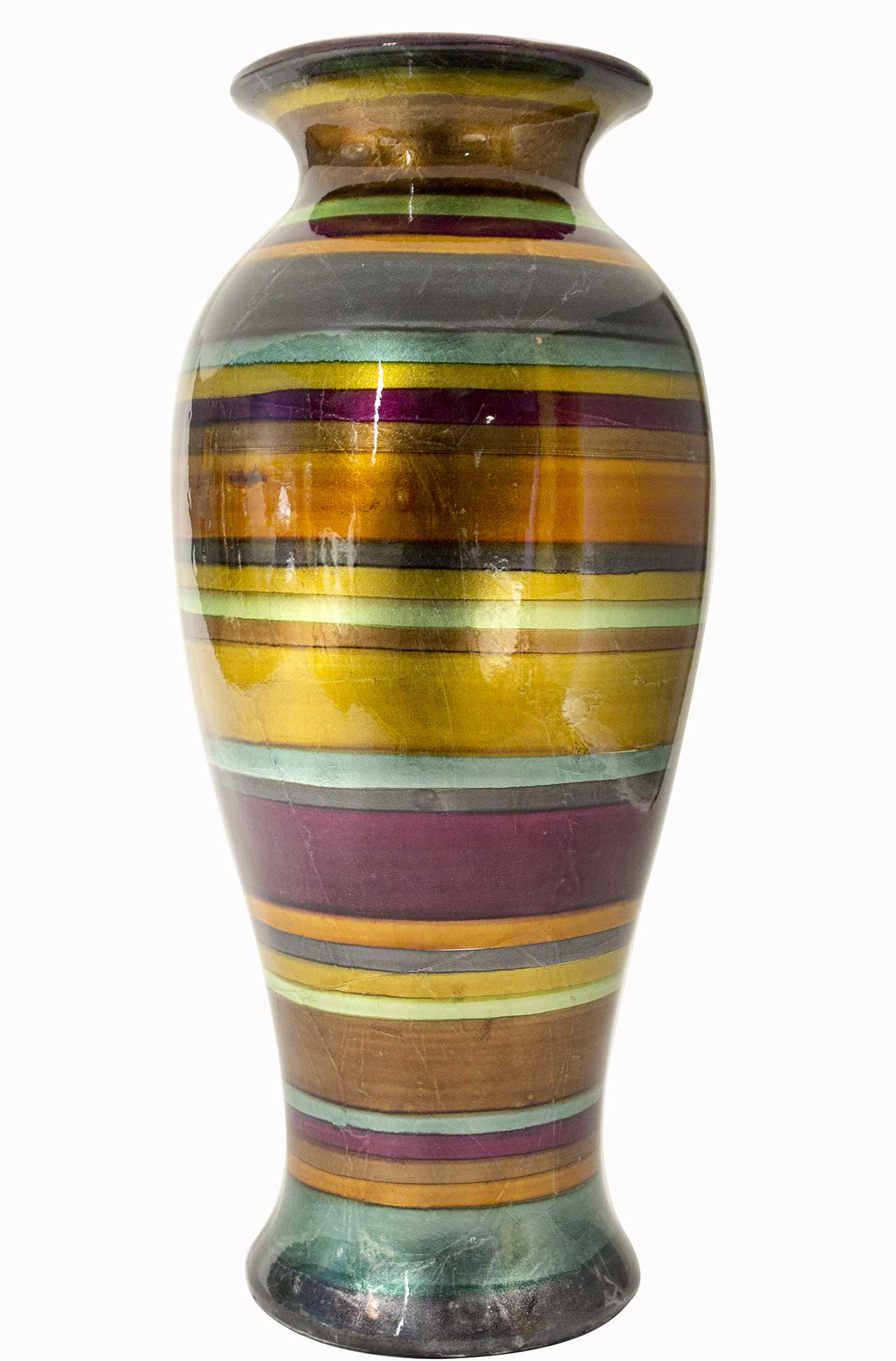 13" X 13" X 26" Eggplant, Bronze, Gold, Green, Copper And Pewter Ceramic Ceramic Vase