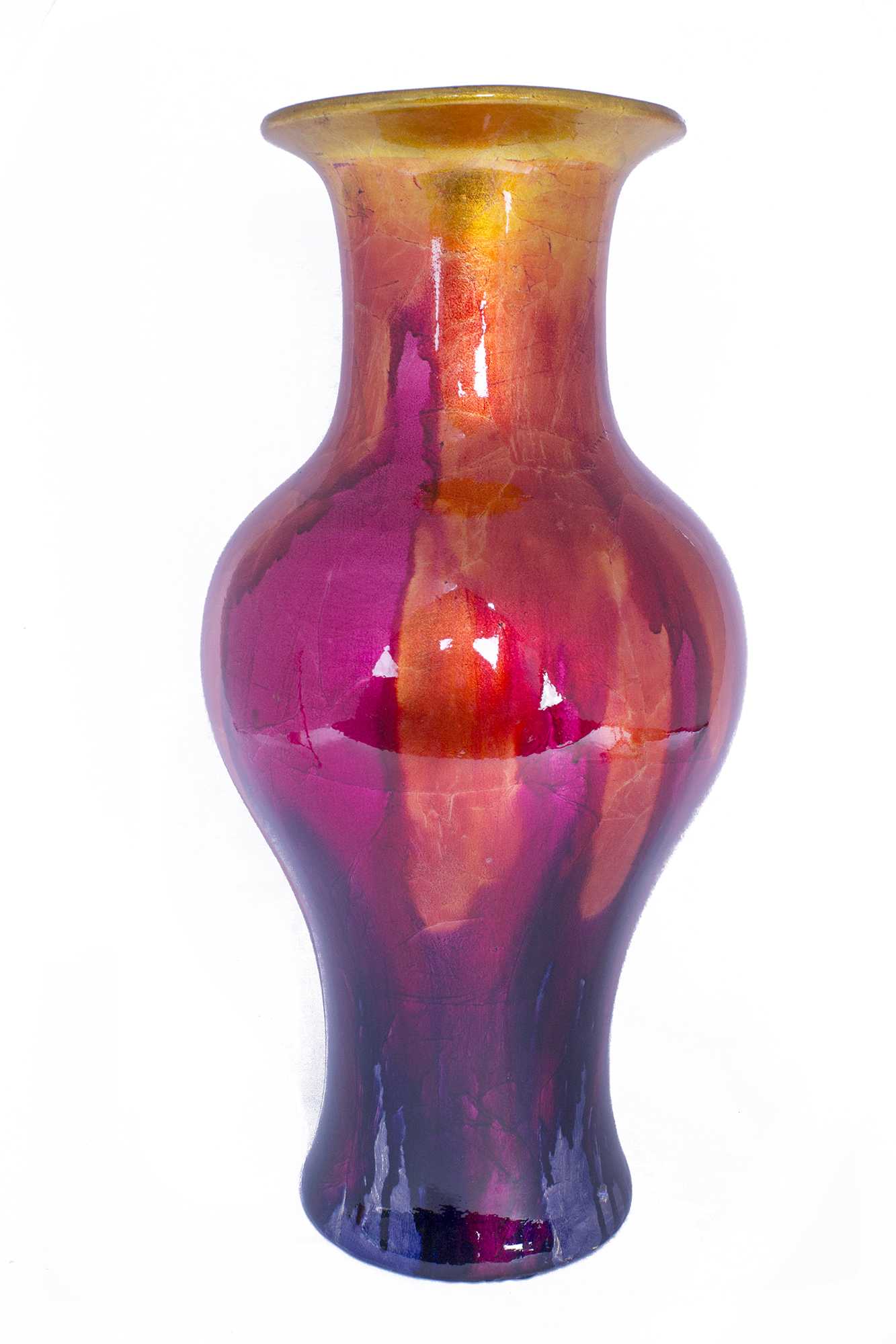 13" X 13" X 25" Yellow, Orange, Pink And Purple Ceramic Foiled & Lacquered Ceramic Vase