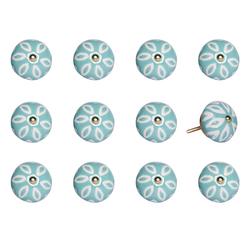 1.5" x 1.5" x 1.5" Turquoise, White and Gold - Knobs 12-Pack