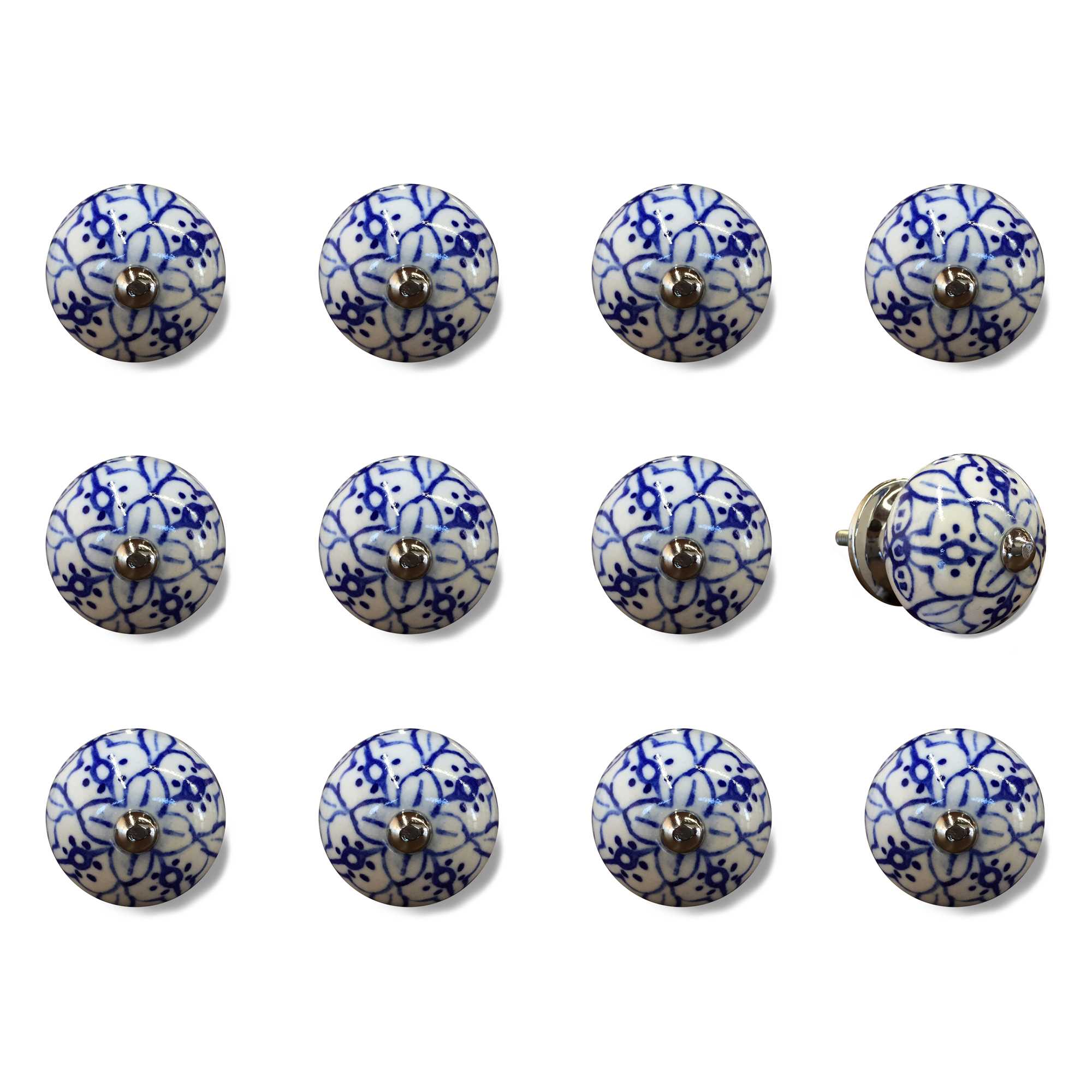 1.5" x 1.5" x 1.5" White, Blue and Silver- Knobs 12-Pack