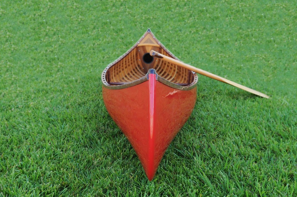 26.5" x 117" x 20" Red Wooden Canoe With Ribs Curved Bow