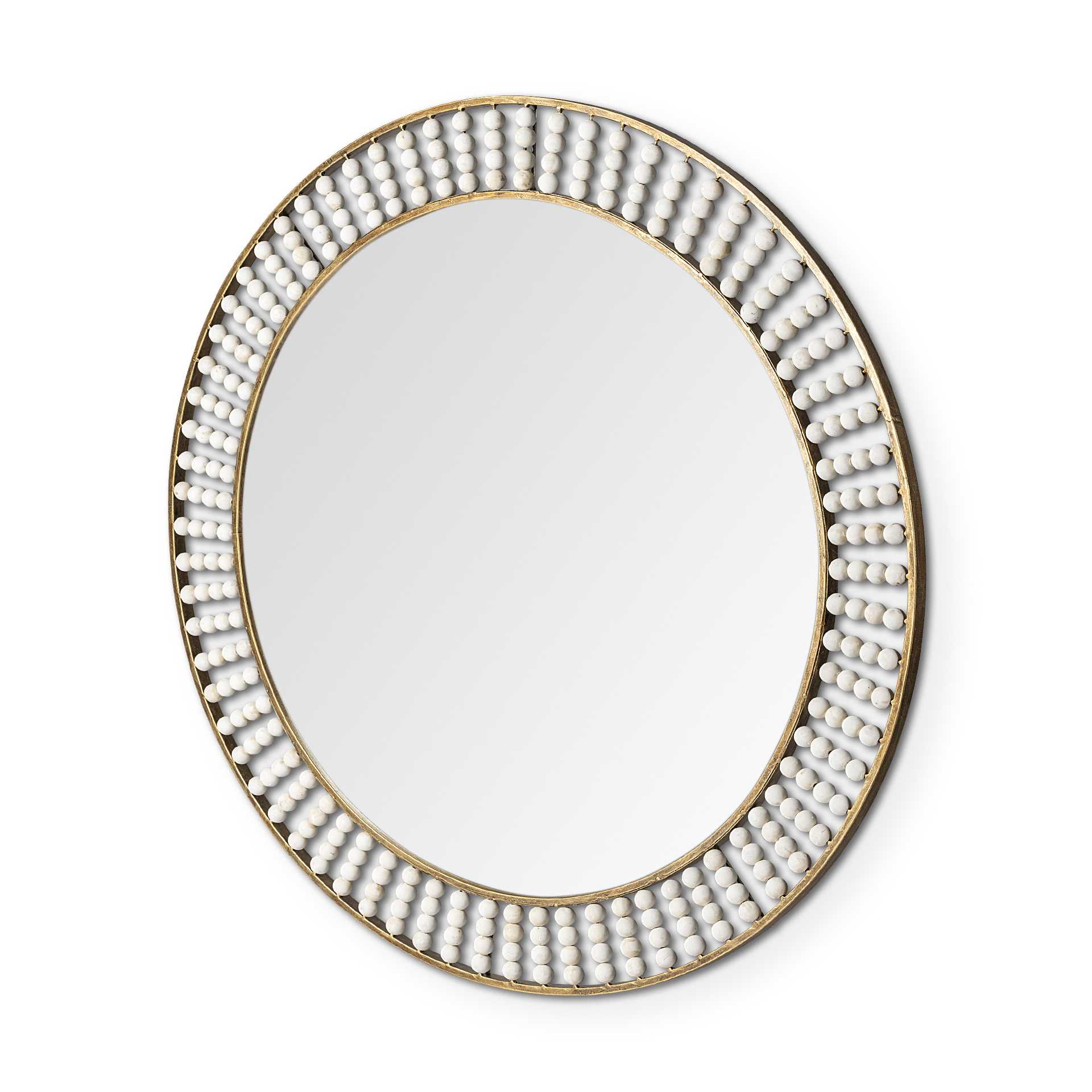 42" Round Gold Metal Frame Wall Mirror w/White Wood Beads
