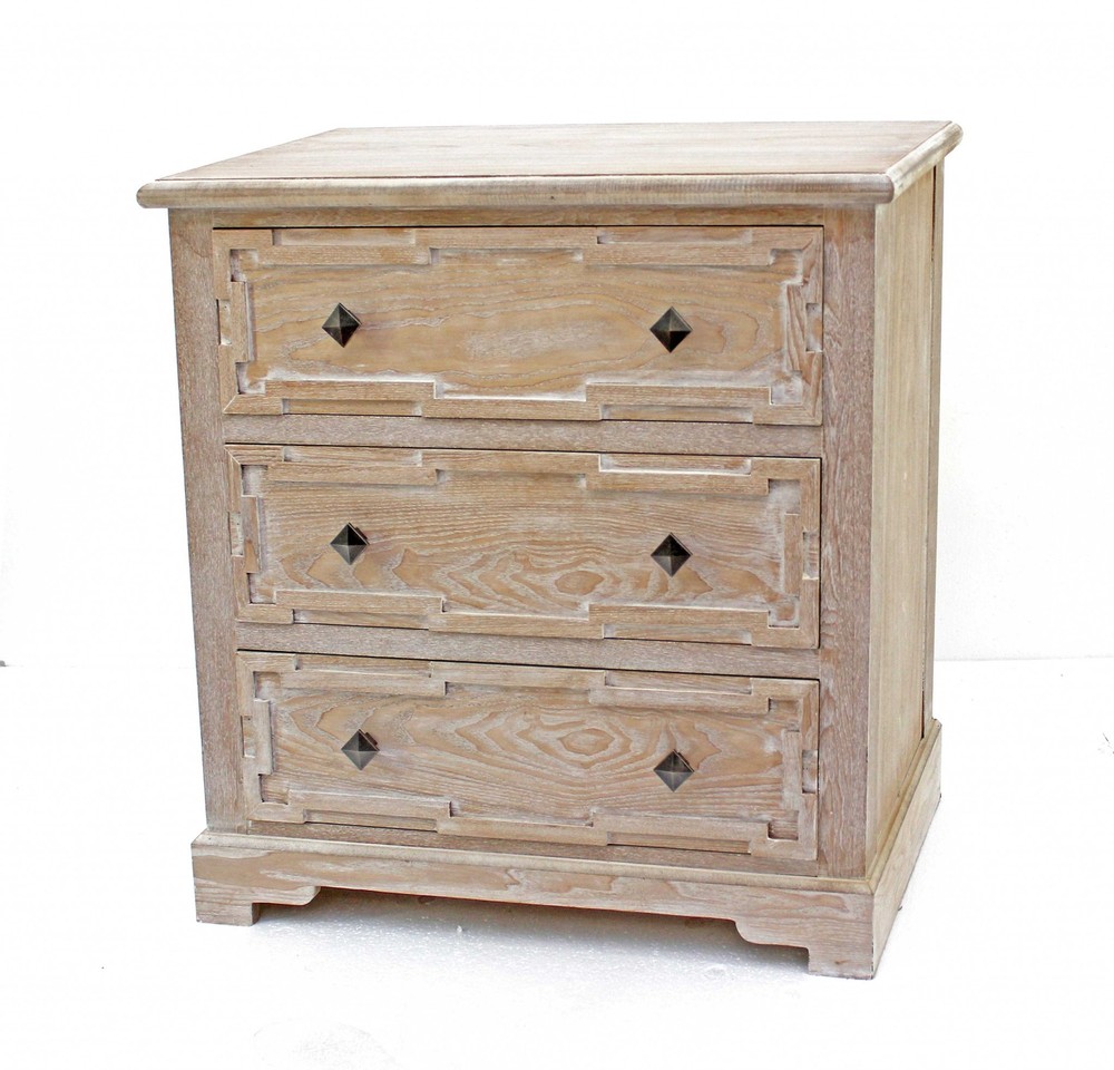 16" x 32" x 32" Natural, 3 Drawer, Rustic, White-Washed Wood - Cabinet