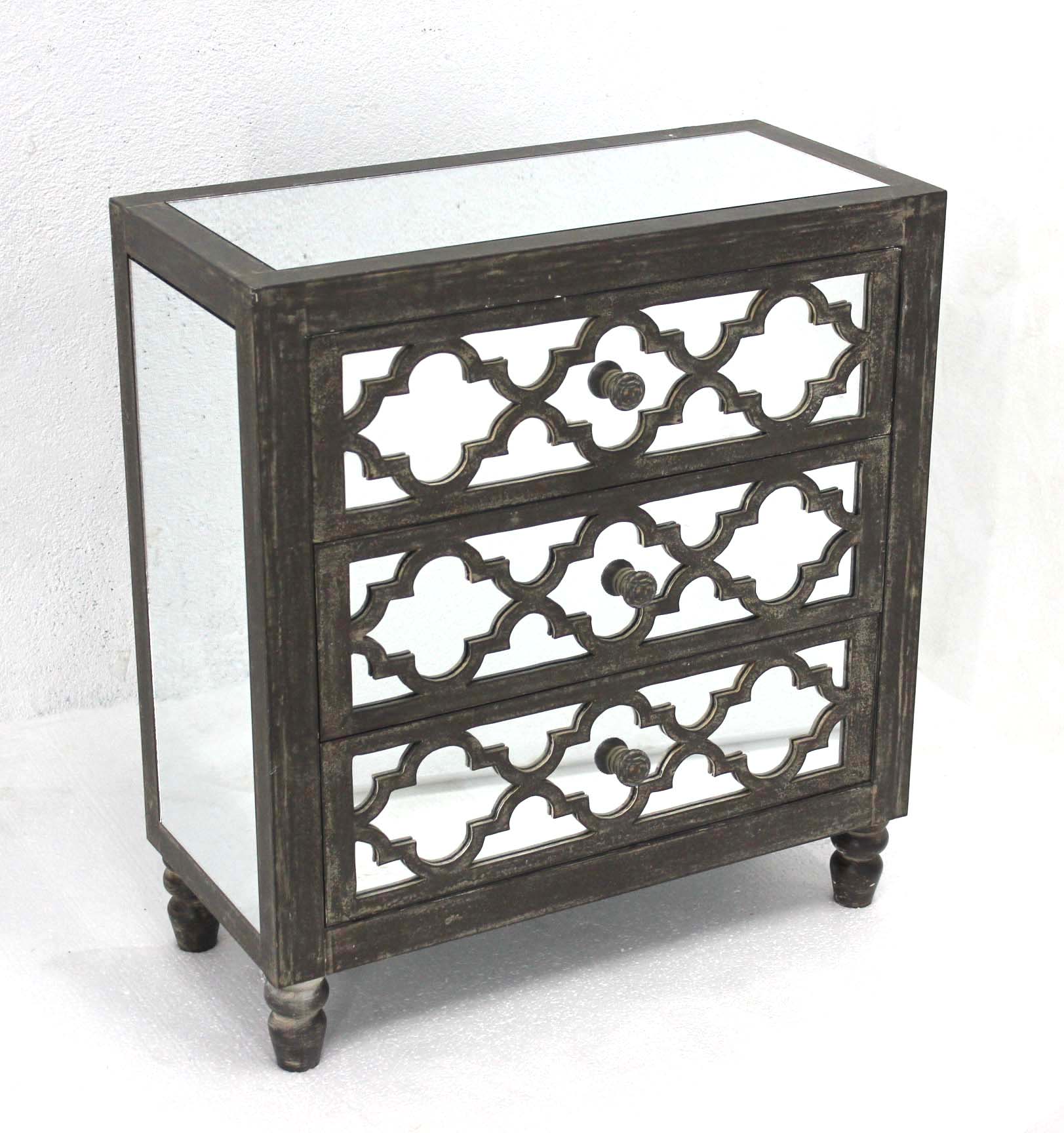 12" x 25.5" x 28" Gray, 3 Drawer, Antique, Mirrored, Wooden - Cabinet