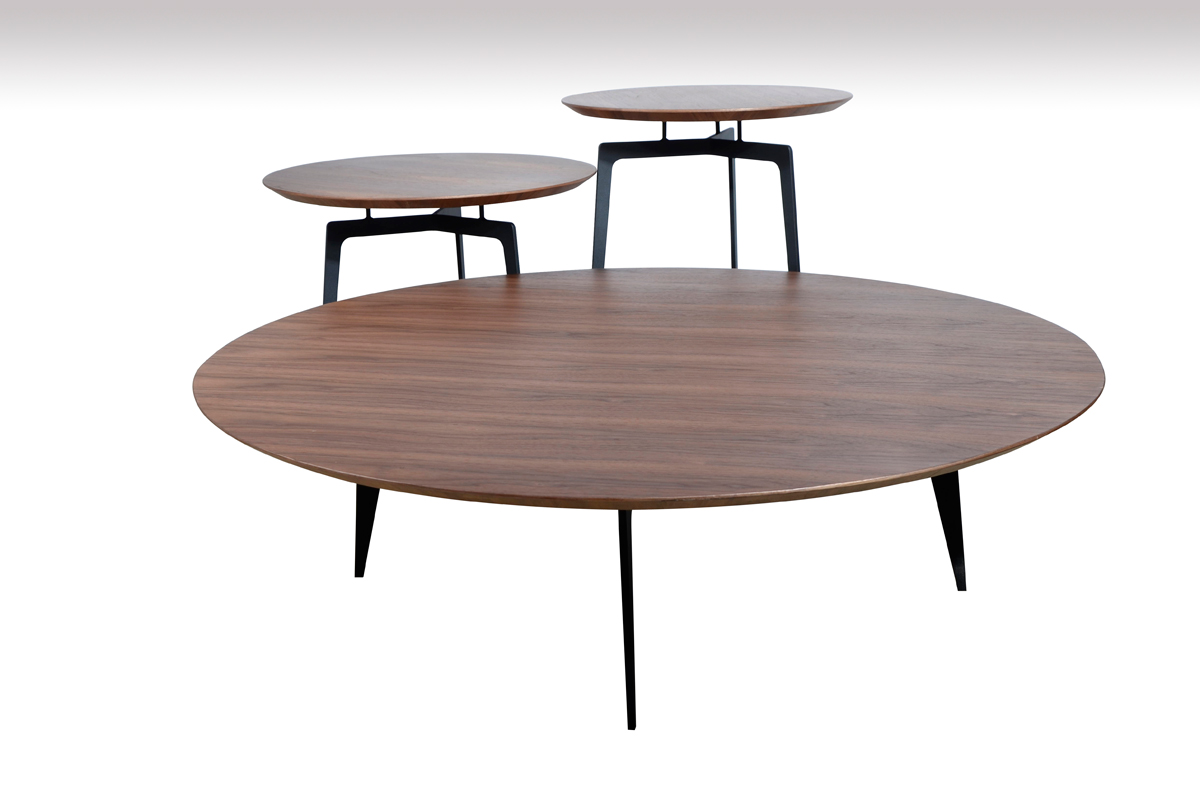 11" Walnut Veneer and Metal Coffee Table Set