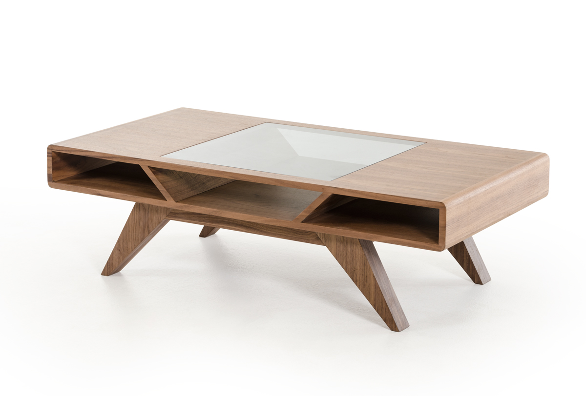 15" Walnut Wood Veneer and Glass Coffee Table