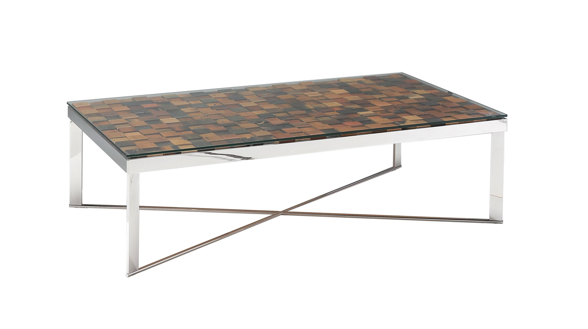14" Mosaic Wood Steel and Glass Coffee Table
