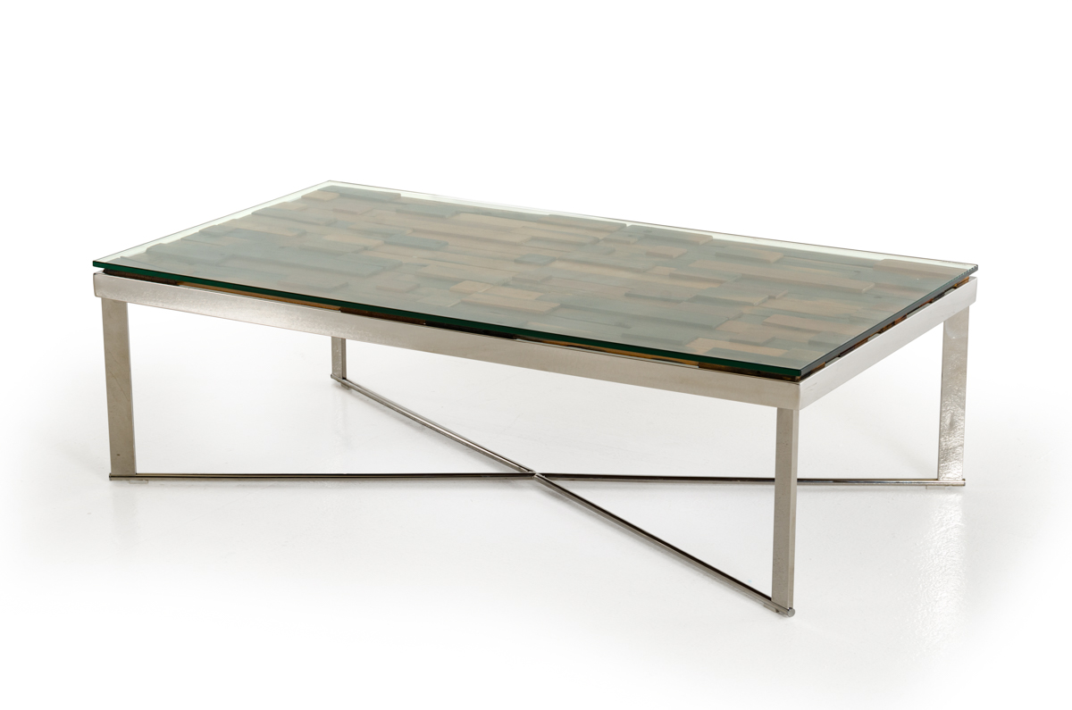 14" Mosaic Wood Glass and Steel Coffee Table
