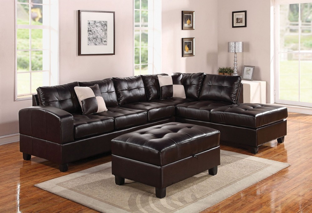 111" X 78" X 34" Black Bonded Leather Reversible Sectional Sofa With 2 Pillows