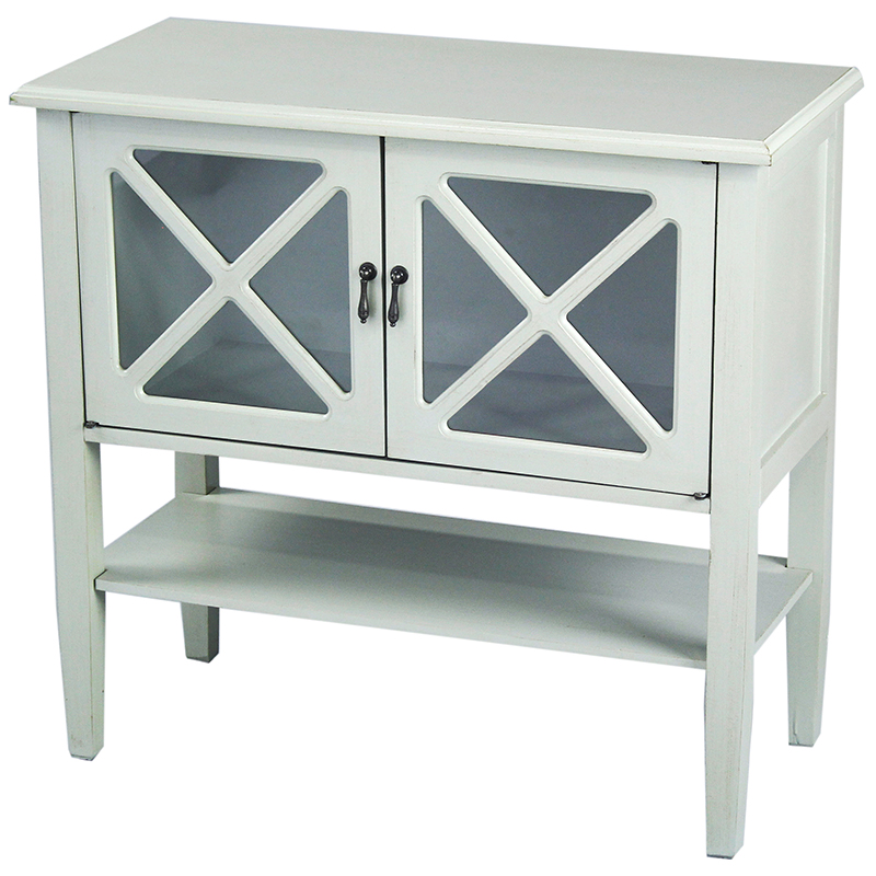 32" X 14" X 30" Light Sage MDF, Wood, Clear Glass Console Cabinet with Doors and a Shelf