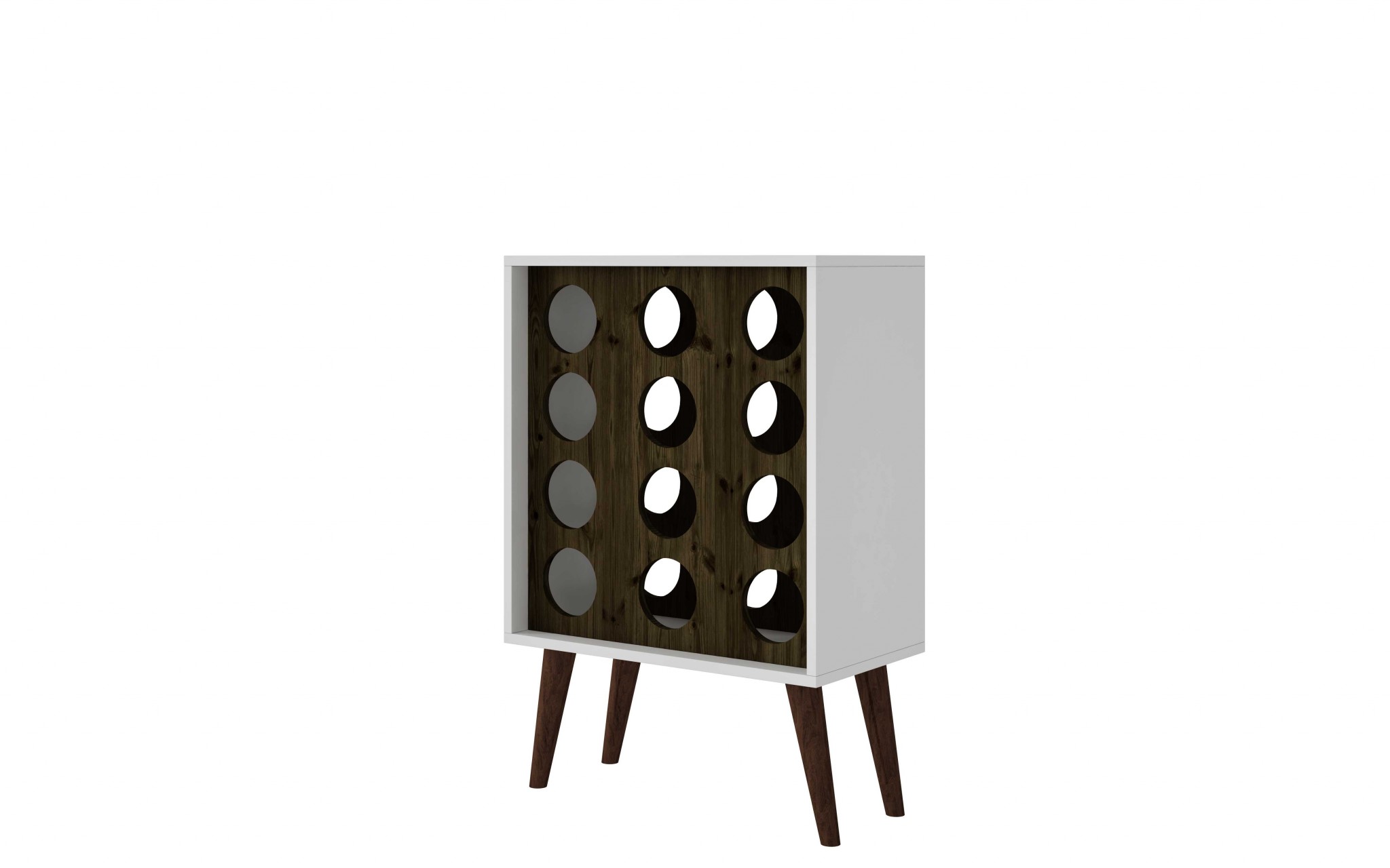 White Wine Cabinet for 12 Bottles with Wood Legs and a Brown Display
