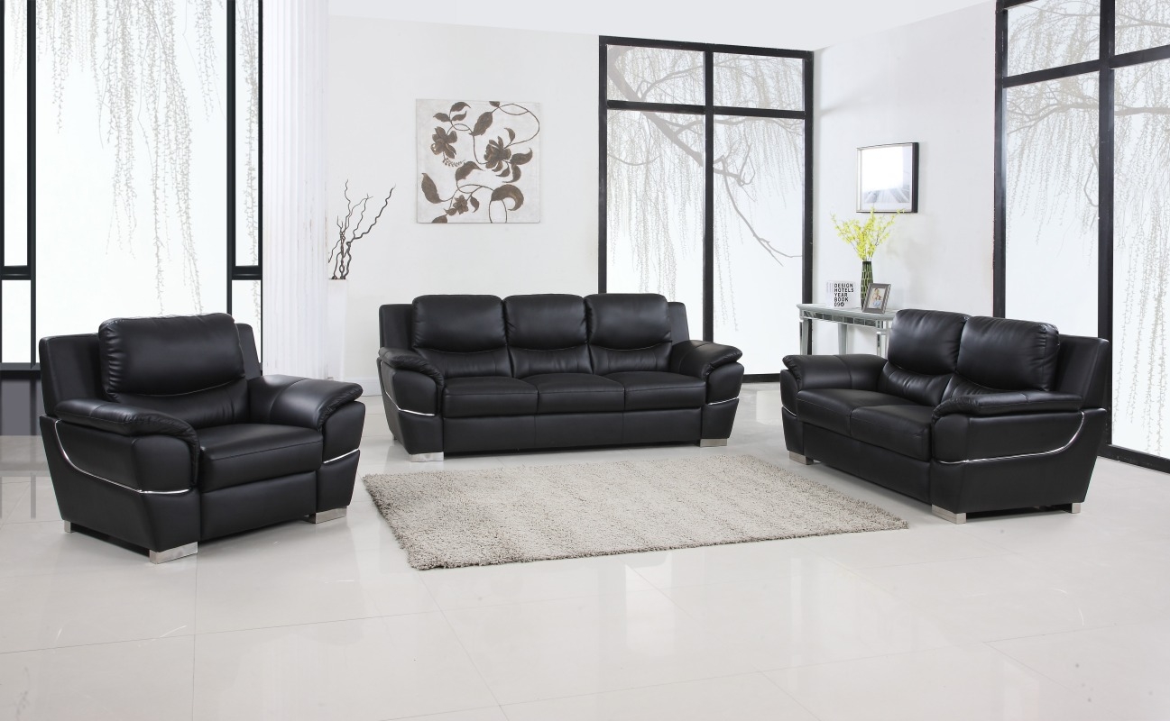 112" Chic Black Leather Sofa Set