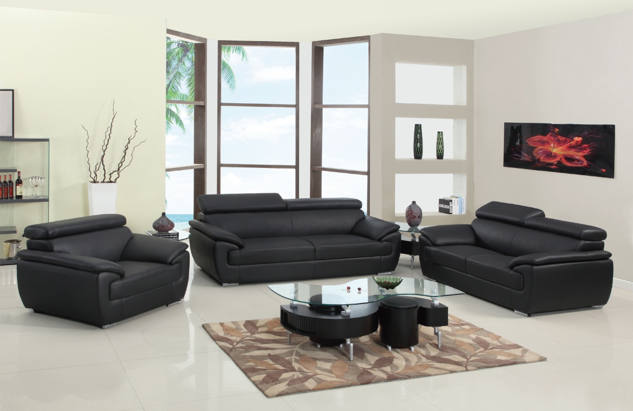 114" Captivating Black Leather Sofa Set
