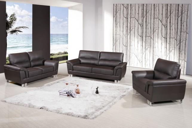 111" Modern Brown Leather Sofa Set