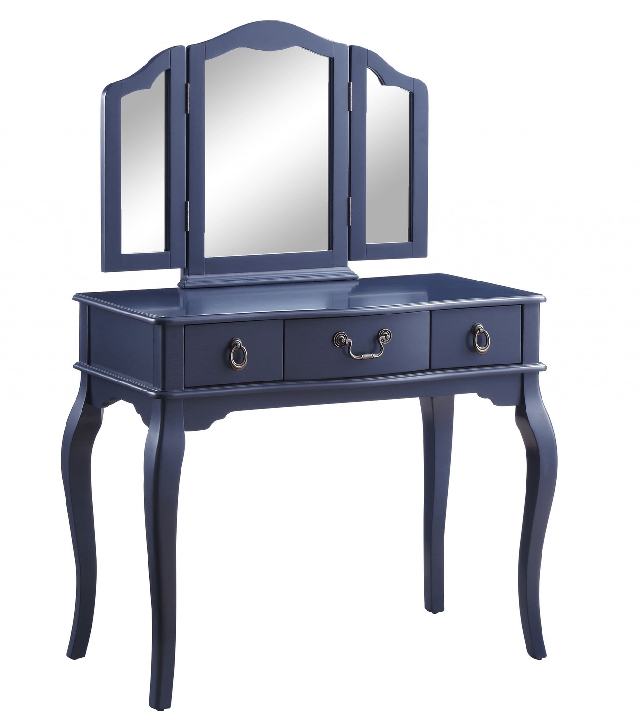 18" X 36" X 52" Tan Fabric Blue Gray Wood Mirror Upholstered (Seat) Vanity Set