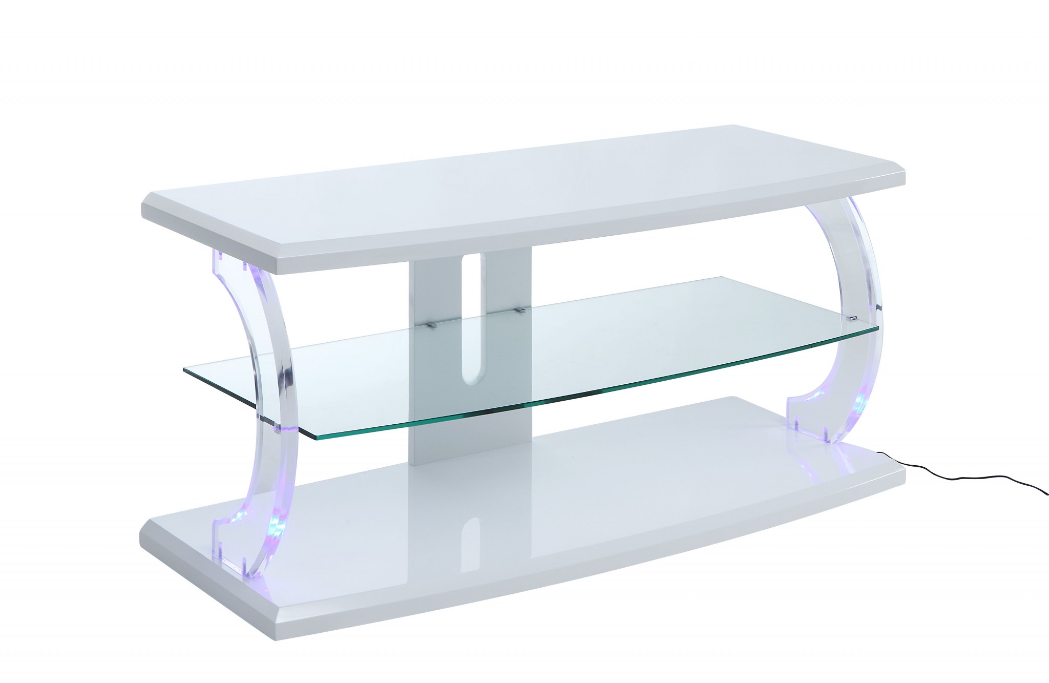 18" X 48" X 22" White Clear Glass Wood Glass Veneer (Melamine) TV Stand (LED)