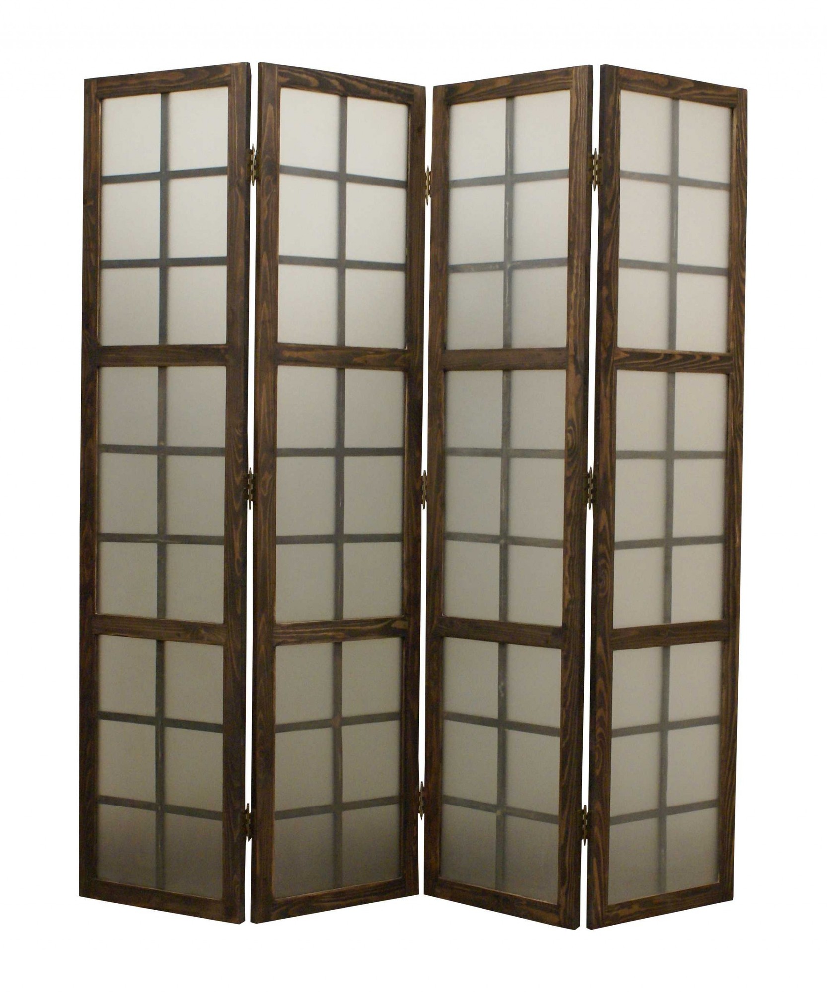1" x 71" x 71" Brown 4 Panel Wood & Glass Screen