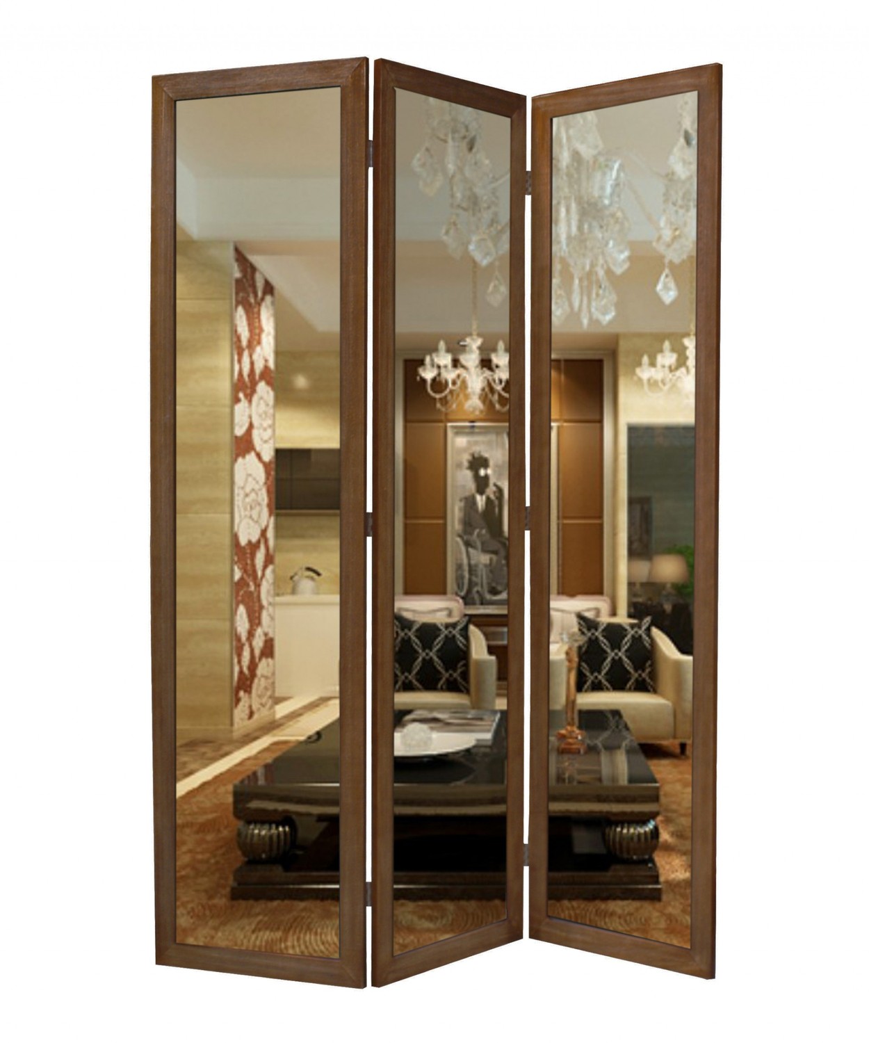 1" x 50" x 69" Brown Glass & Wood Mirror Screen