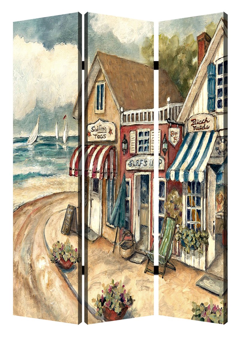 1" x 48" x 72" Multi Color Wood Canvas Seaside Town Slate Screen