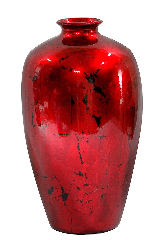 10.5" X 10.5" X 19" Red Ceramic Foiled and Lacquered Ceramic Vase