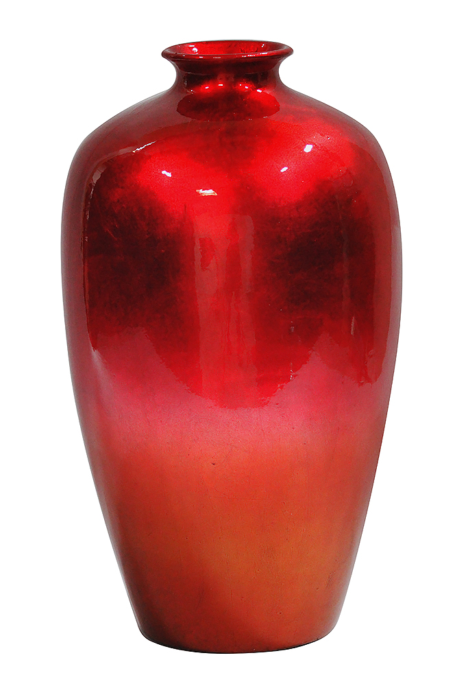 10.5" X 10.5" X 19" Red Orange Ombre Ceramic Foiled and Lacquered Ceramic Vase