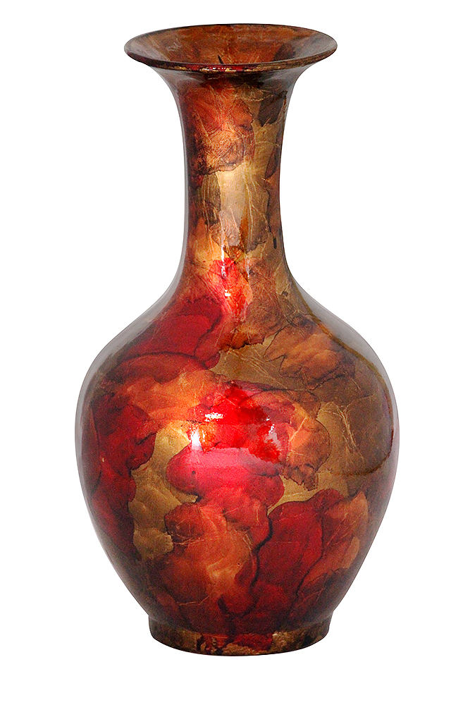 10.25" X 10.25" X 18" Copper Red And Gold Ceramic Foiled and Lacquered Ceramic Vase