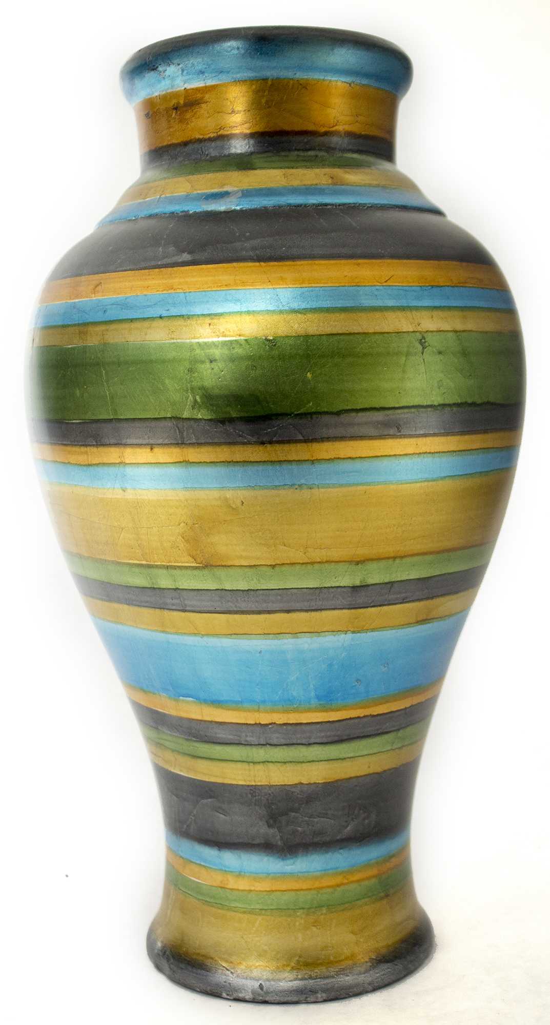 10.75" X 10.75" X 20" Blue Green Gold Copper And Pewter Ceramic Ceramic Amphora Floor Vase Ceramic Satin
