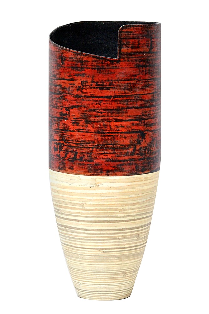 10.25" X 10.25" X 25" Distressed Red and Natural Bamboo Bamboo Spun Bamboo Vase