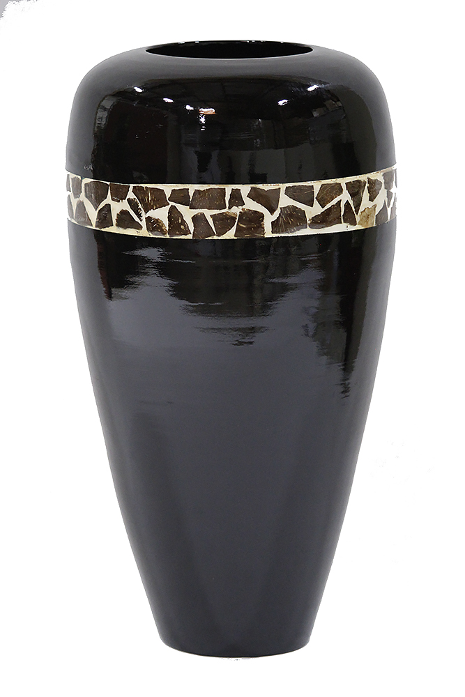 10.25" X 10.25" X 19" Black Lacquer with Brown Coconut Shell Bamboo Spun Bamboo Vase