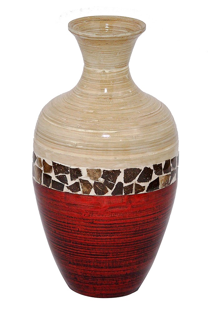 10.7" X 10.7" X 20" Natural Bamboo And Metallic Red with Coconut Shell Bamboo Spun Bamboo Vase