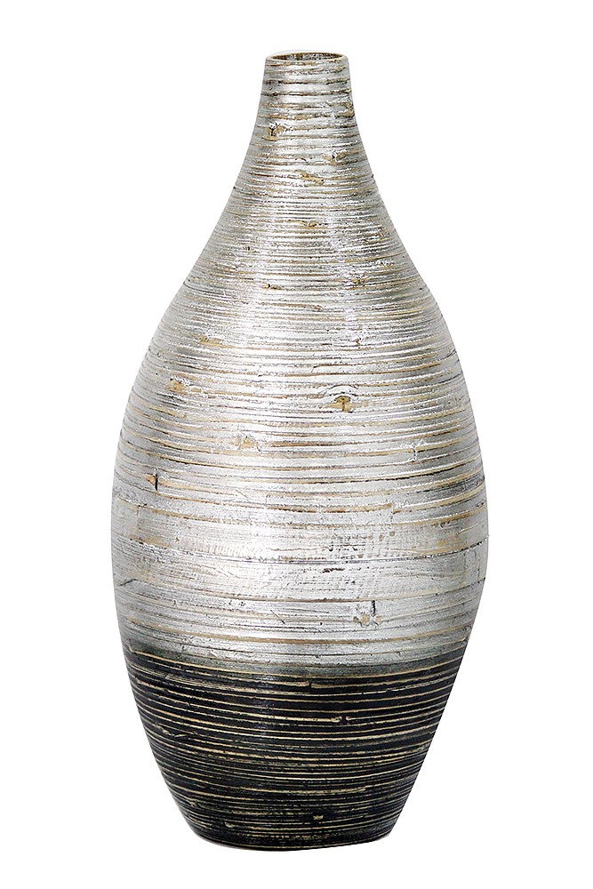 10" X 10" X 20" Distressed Silver And Black Bamboo Spun Bamboo Vase