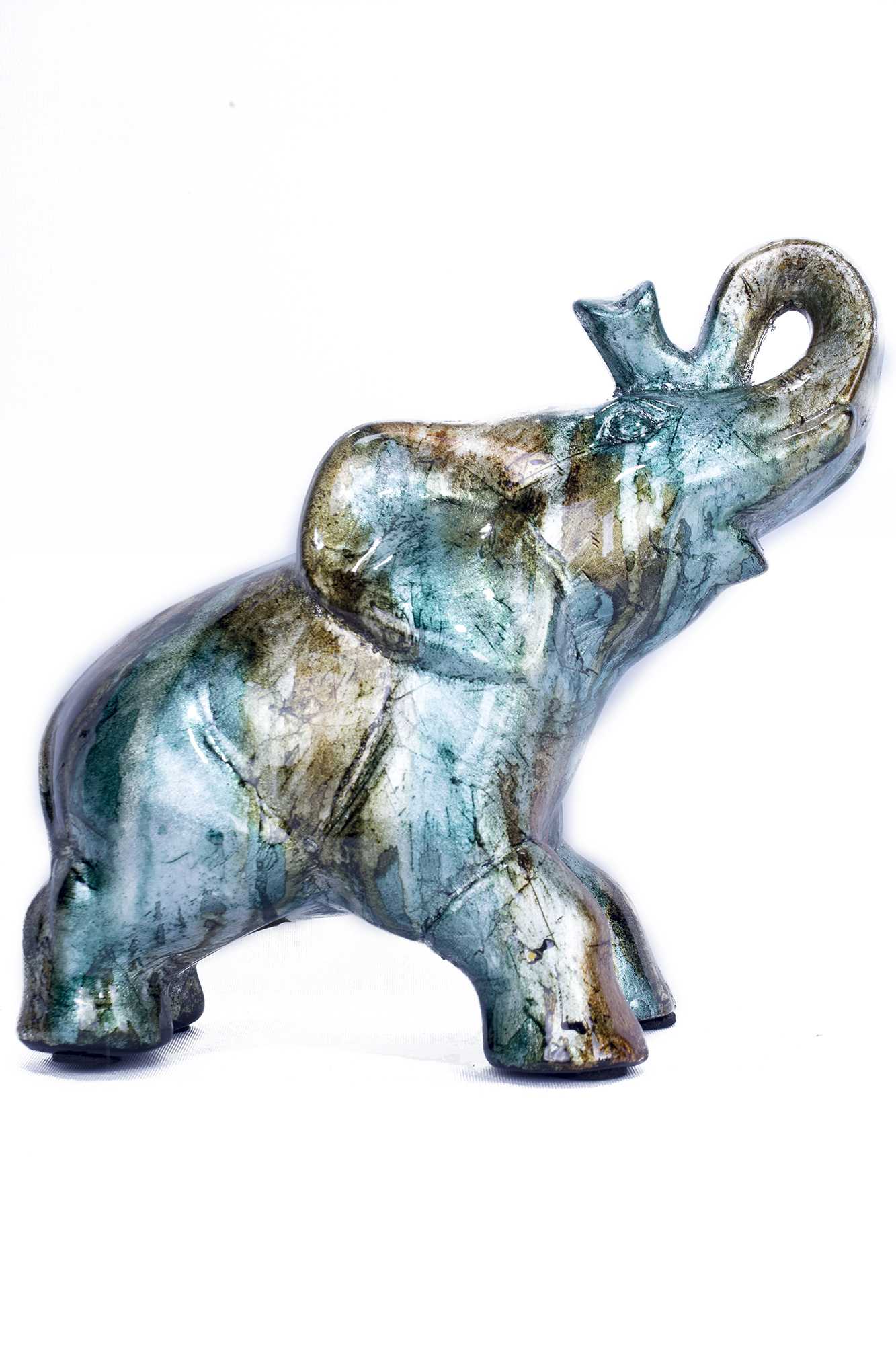 10" X 6" X 10.5" Turquoise Copper And Bronze Ceramic Elephhant
