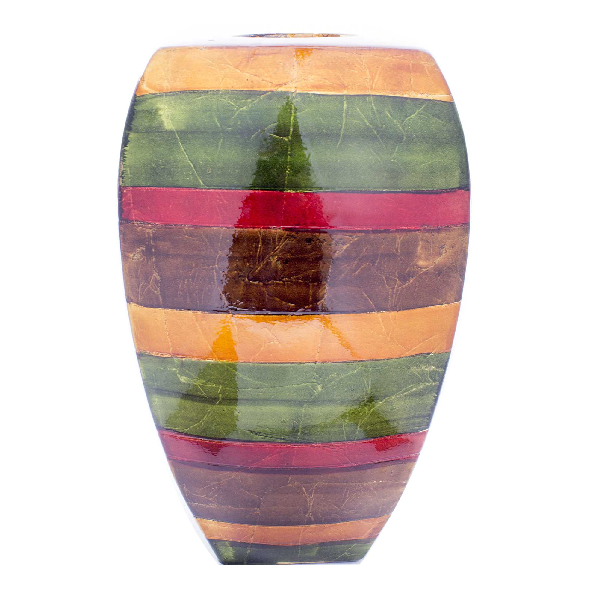 10" X 6.75" X 17.75" Green Red Brown Copper Ceramic Lacquered Striped Modern Vase